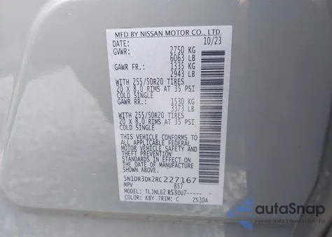 2024 Nissan Pathfinder Platinum 4Wd из США, поврежденный, VIN 5N1DR3DK2RC227167